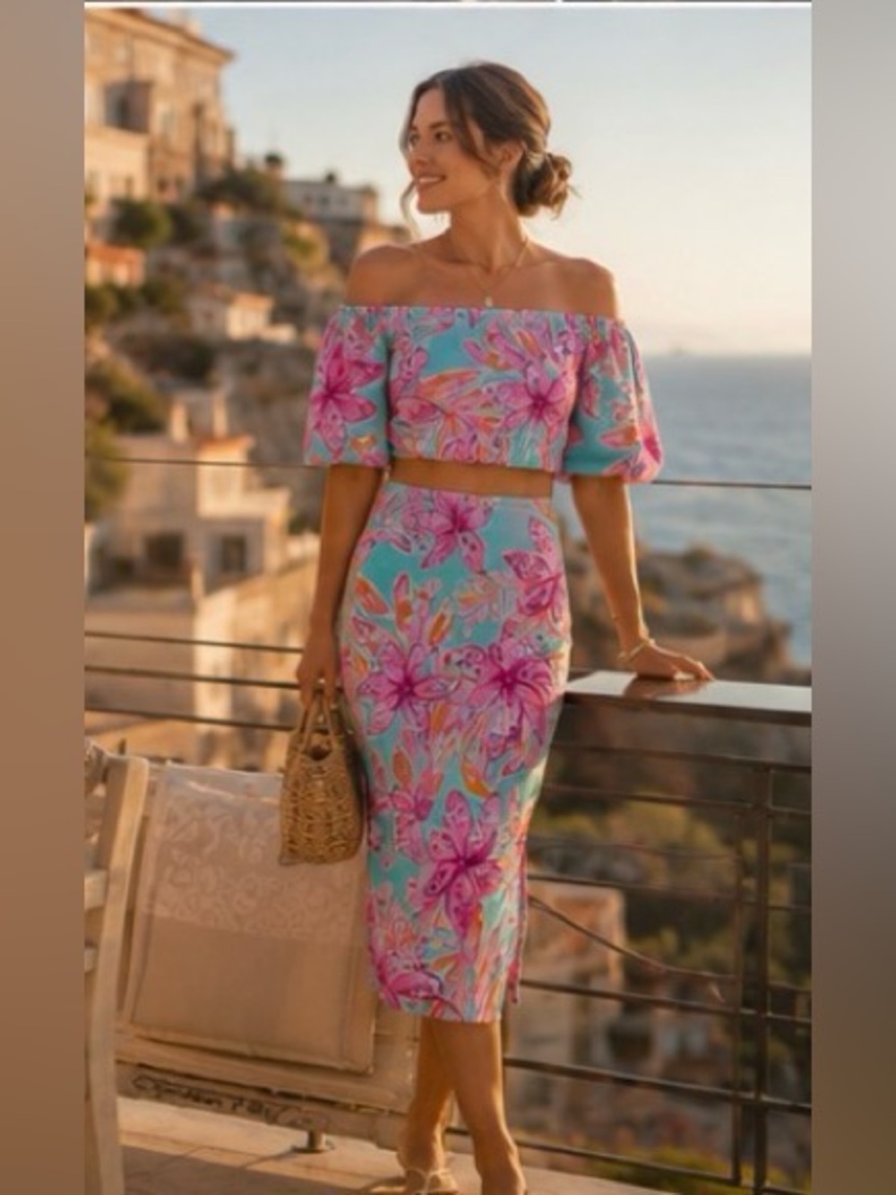 Lilly Pulitzer Esmeray Crop Top & Midi Skirt Set Surf Blue Bonita Blooms Resort - Picture 3 of 16
